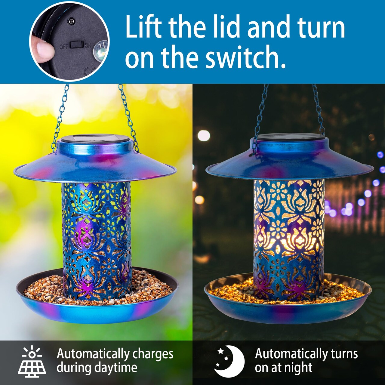 Solar Bird Feeder for Outdoors Hanging, Metal Wild Cardinals Garden Lantern with S Hook, Weatherproof and Water Resistant Birdfeeders as Gift Idea for Bird Lovers (Blue)